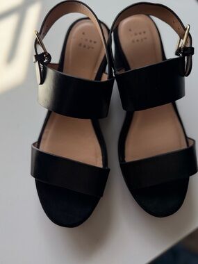 a new day Black Leather Wide-Strap Slingback Sandals